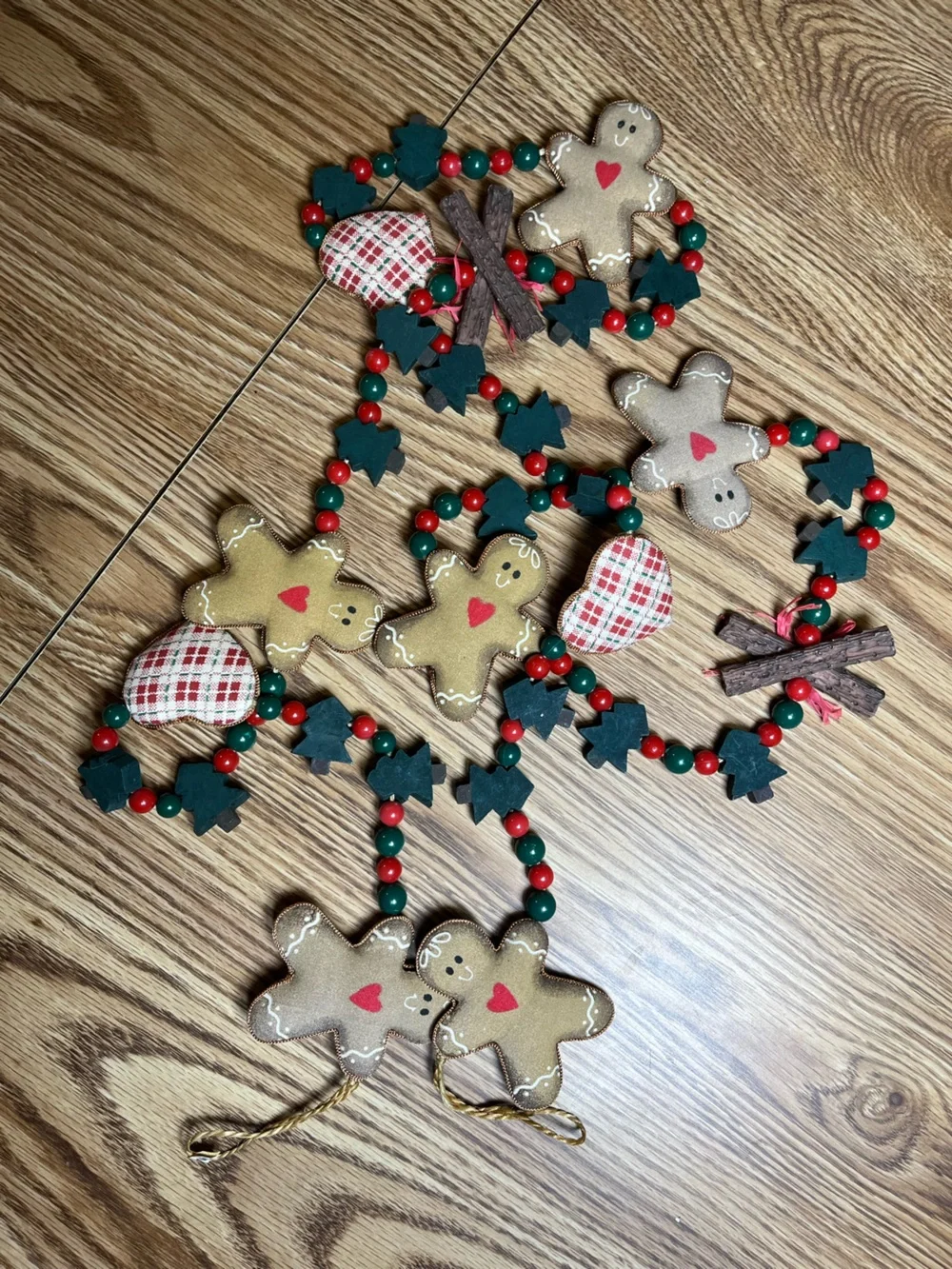 Vintage Christmas Gingerbread wood Plush Garland - Red, Green, Cream